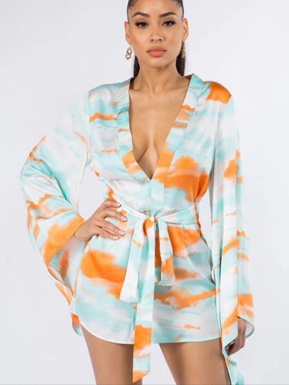 Akira Satin Romper Bell Sleeve Belted Tie Waist Watercolor Low Cut Blue Orange M